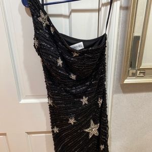 Sherri Hill 54128 size 6 one shoulder BLACK SILVER STARS SEQUIN